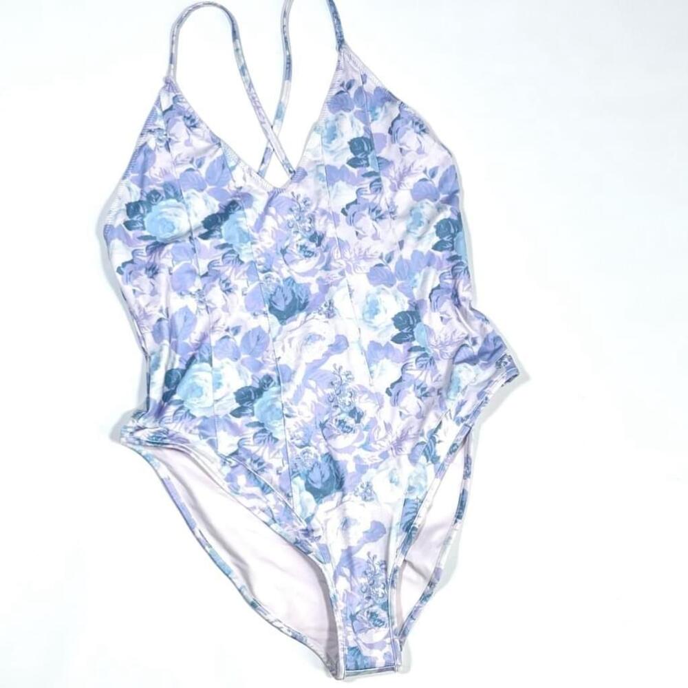 NEW! LOVESHACKFANCY Shailee Swimsuit One Piece Size L Light Blue Floral